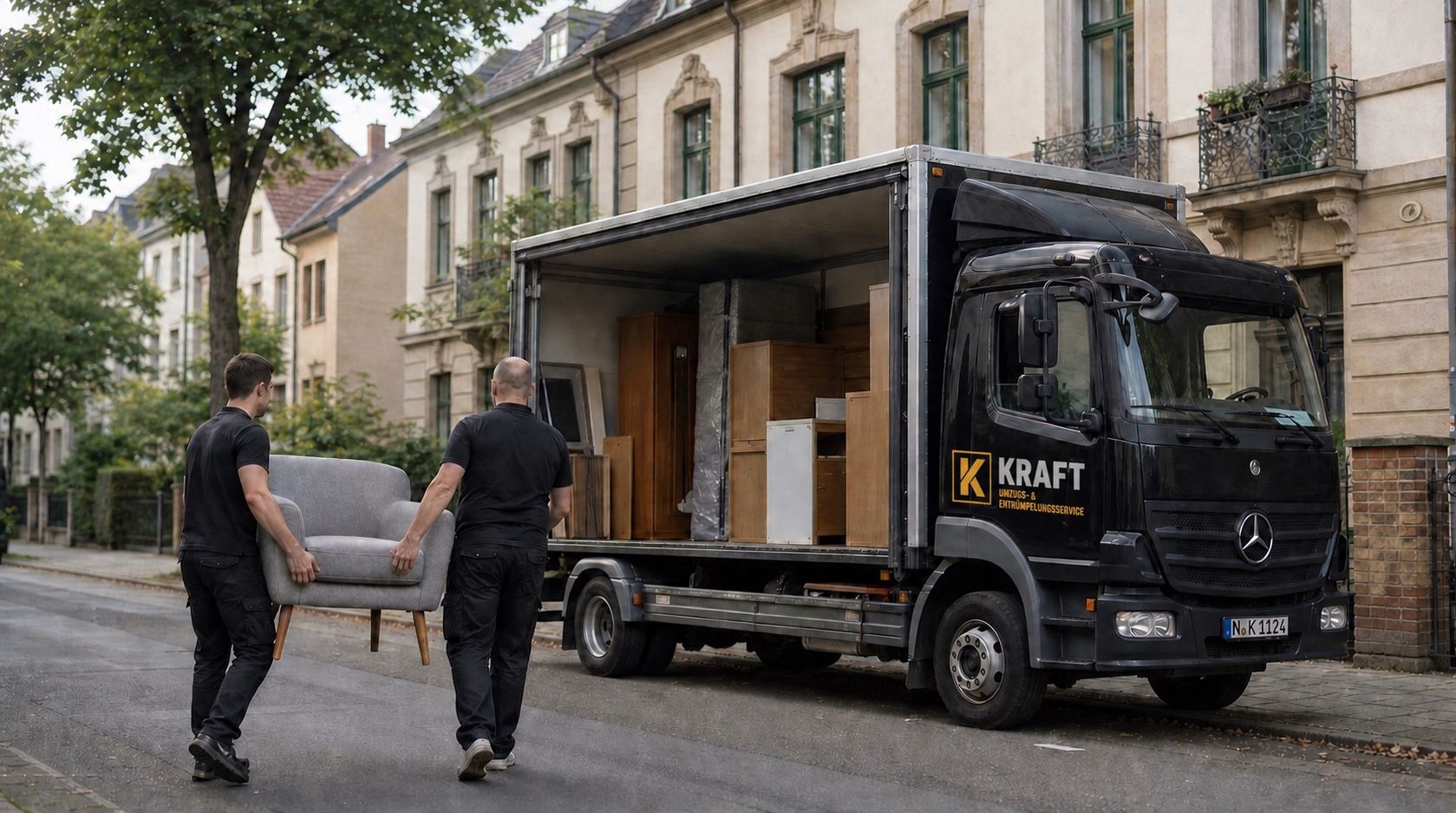 Zwei Träger bringen einen Sessel zum KRAFT-LKW vor einem Altbau