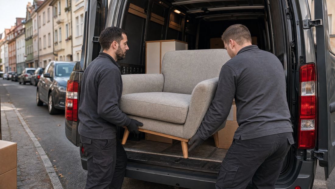 Zwei Mitarbeiter laden einen Sessel in einen Transporter