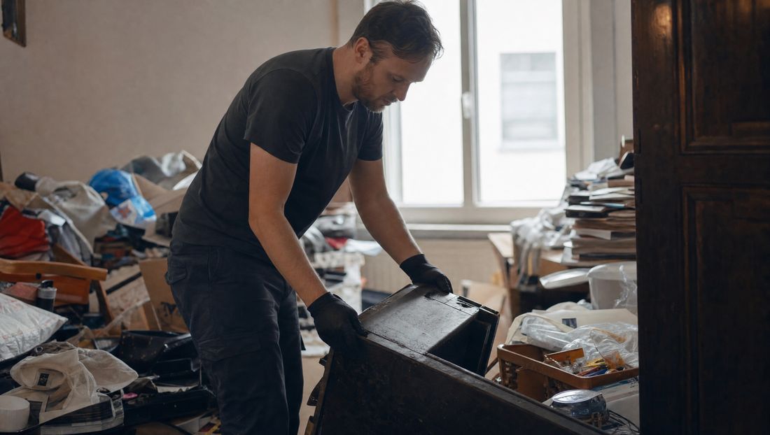 Mitarbeiter mit Handschuhen räumt eine stark vollgestellte Wohnung