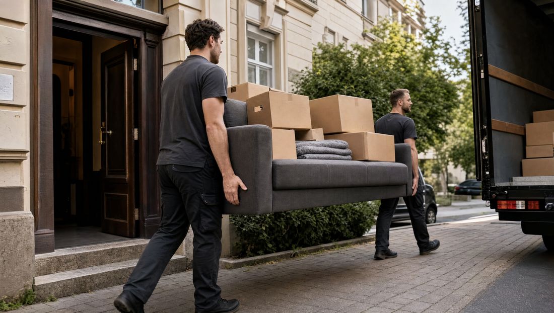 Zwei Träger bringen ein Sofa und Kartons zum Umzugswagen
